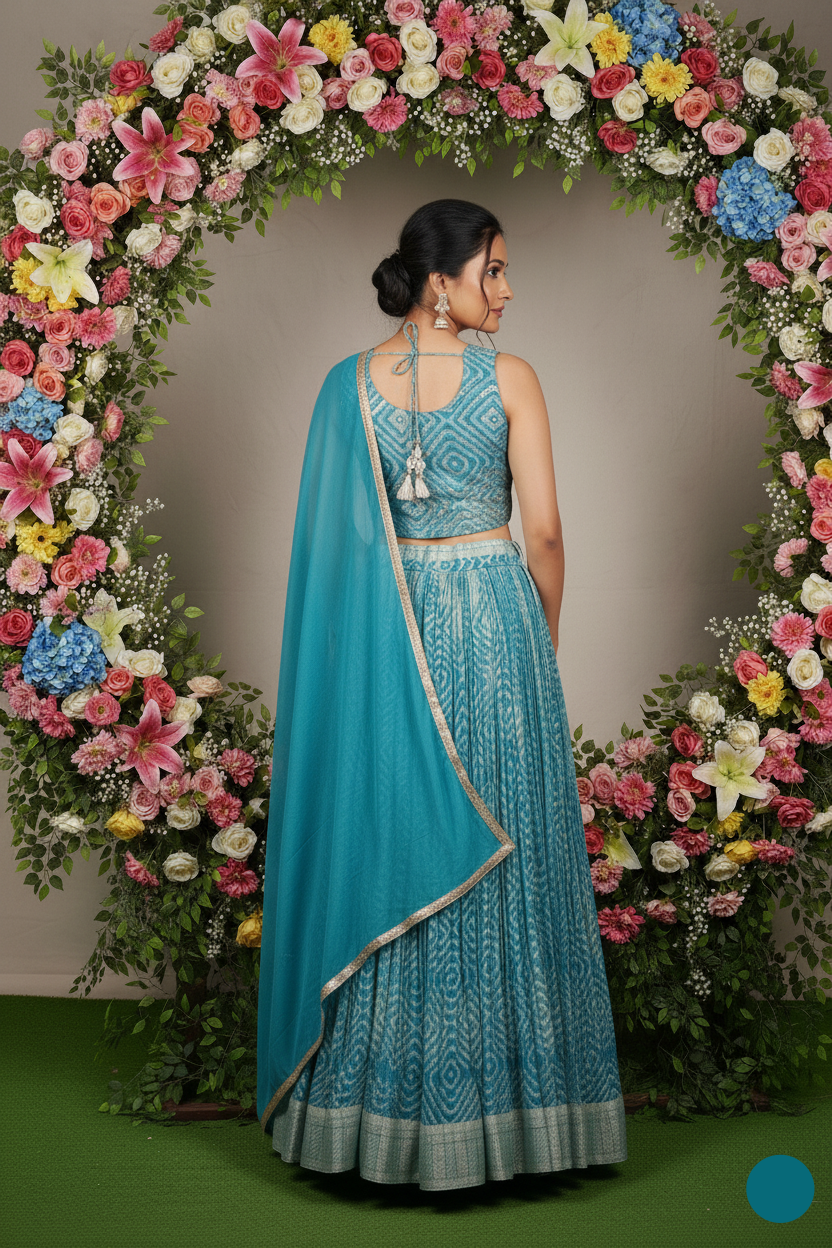Woman in a blue traditional outfit standing in front of a floral arch