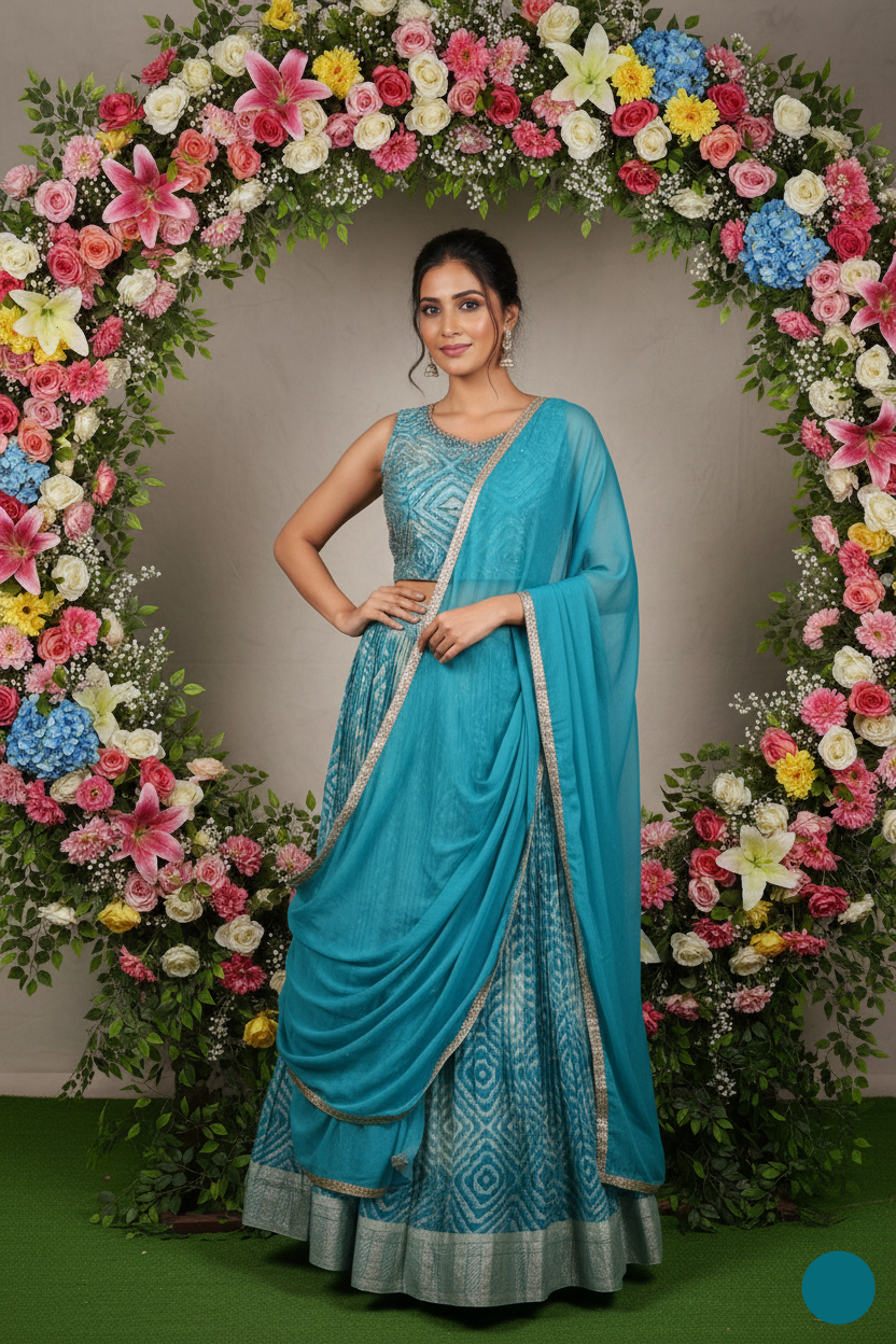 Woman in a blue saree standing in front of a floral arch