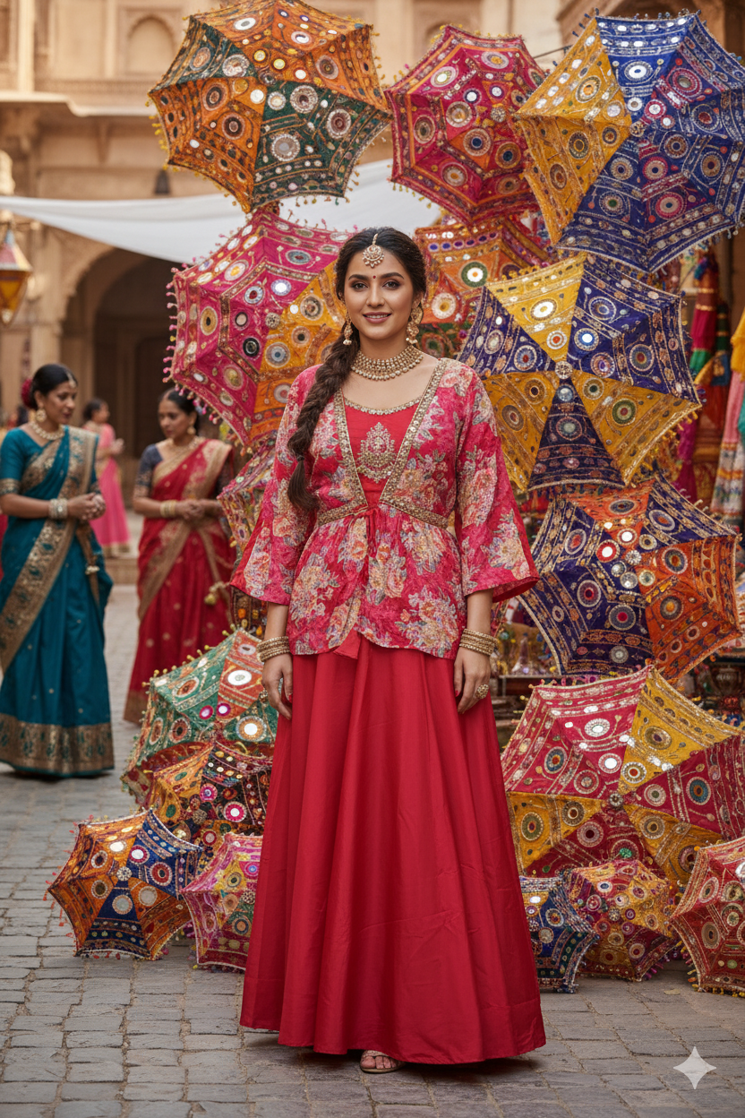 Woman in traditional attire standing in front of colorful umbrellas
