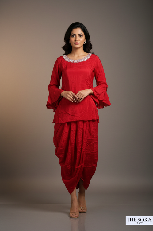 magenta kurti and dhoti set 