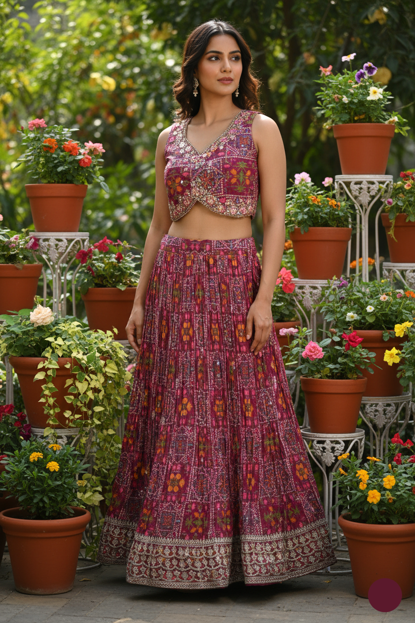 Woman in a traditional outfit standing in a garden with potted plants and flowers.
