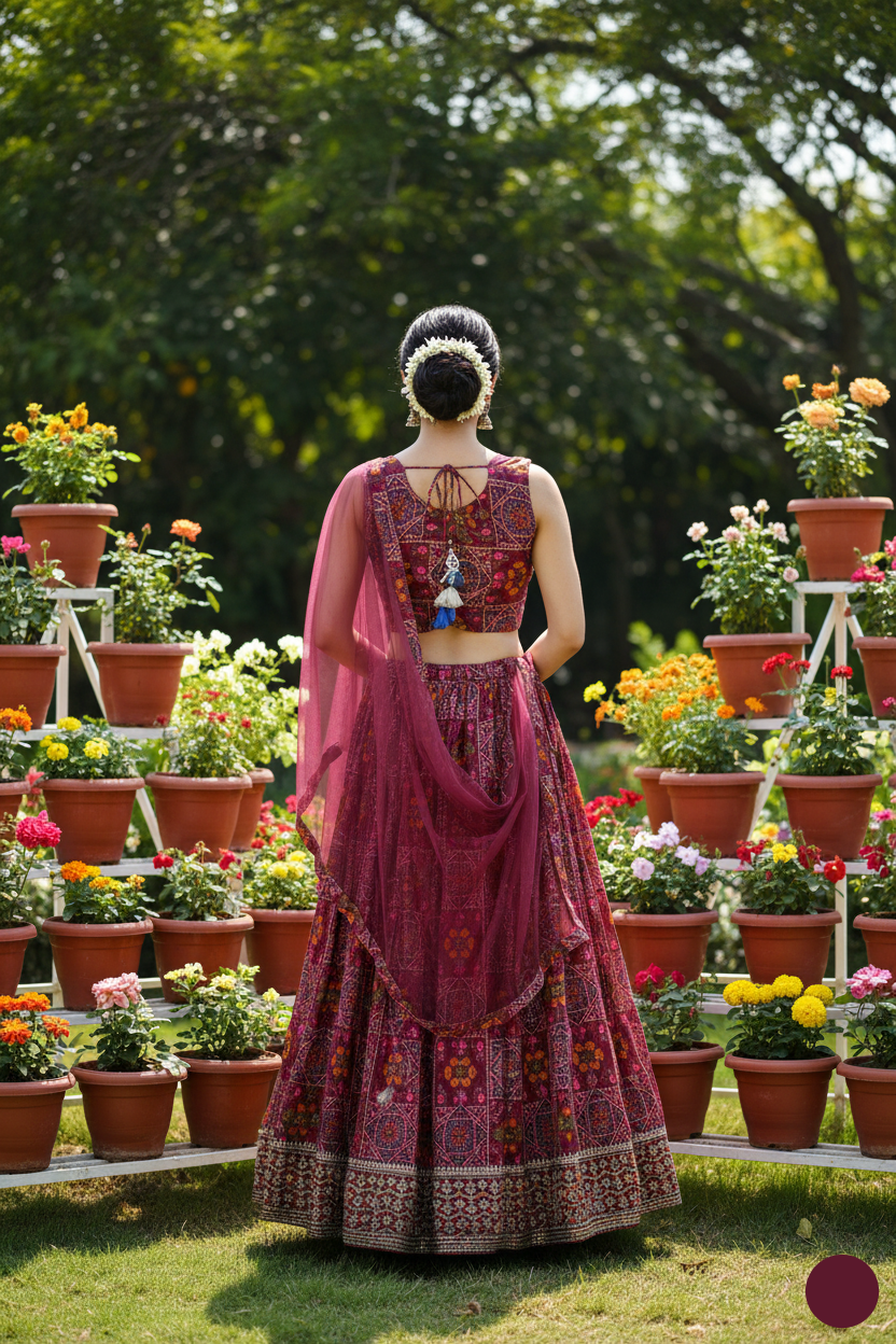 Woman in a traditional pink and red lehenga standing in a garden with flowers and plants.