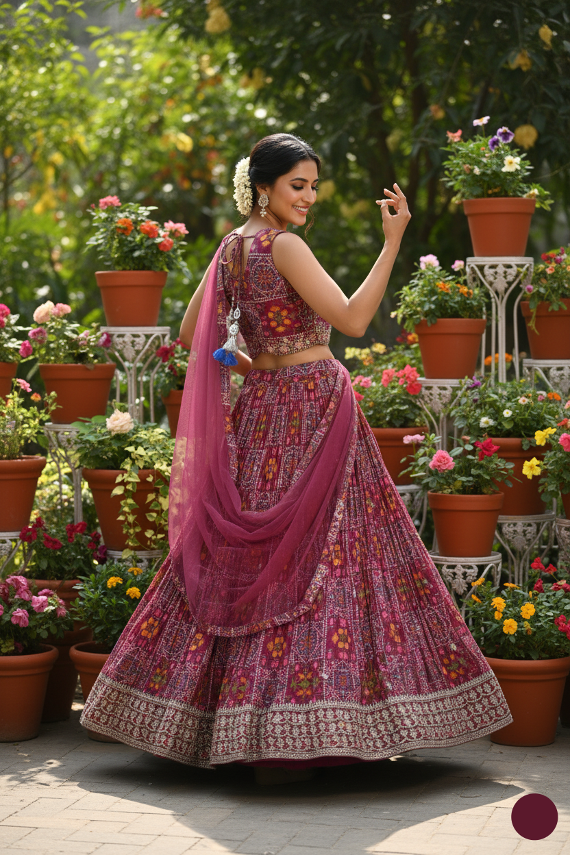 Woman in a traditional pink and red lehenga with a floral garden background