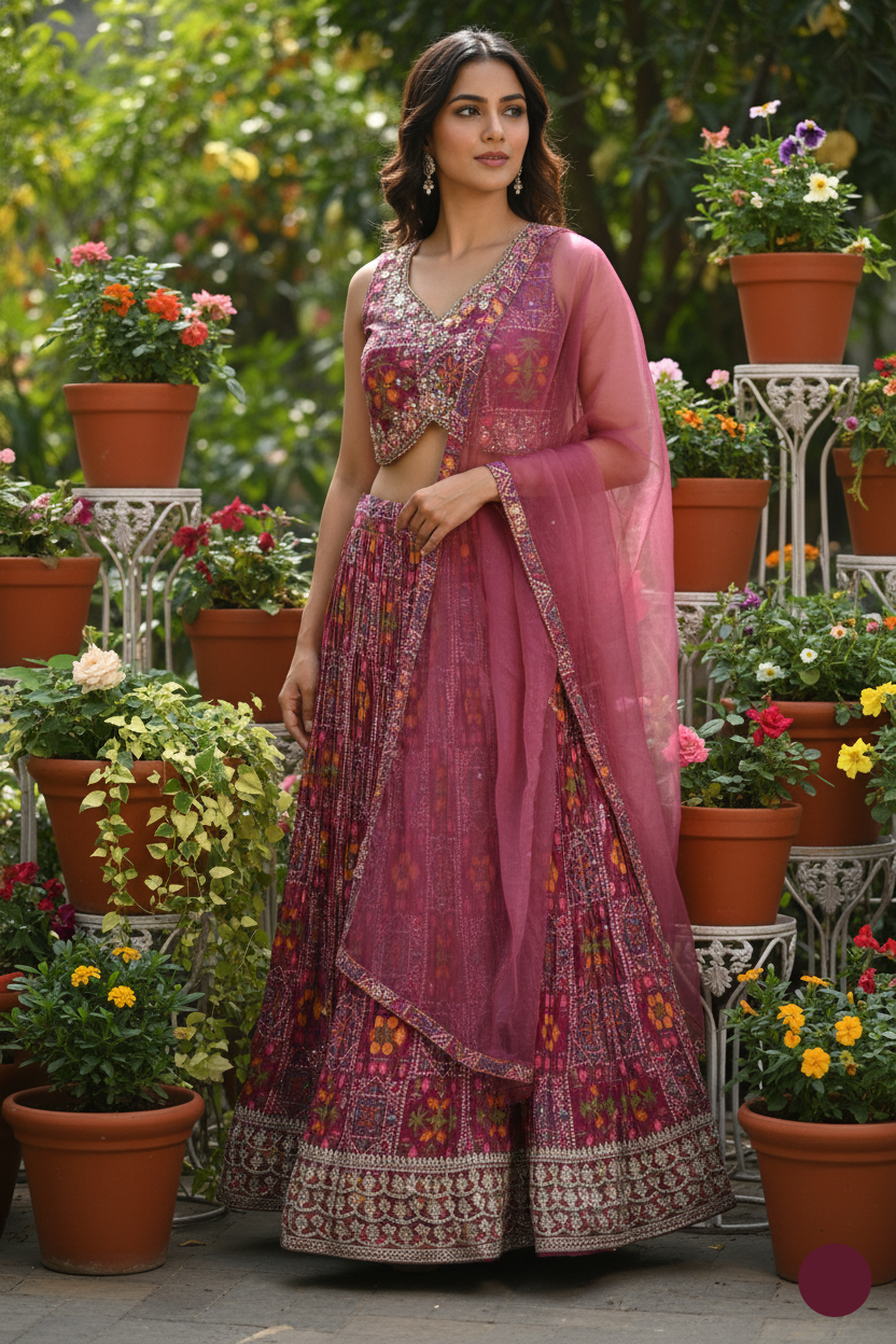 Woman in a pink traditional outfit standing among potted plants and flowers.