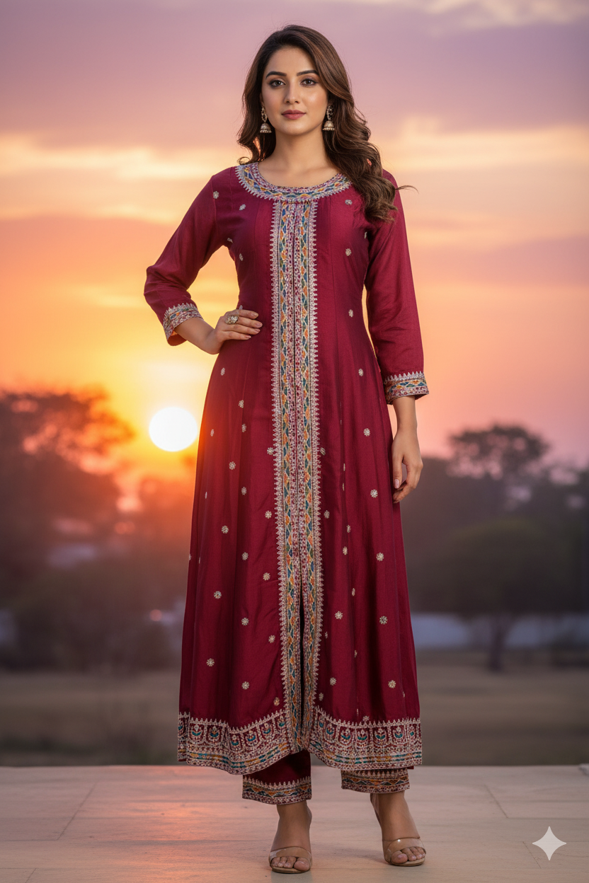 Woman wearing a maroon traditional outfit with sunset in the background