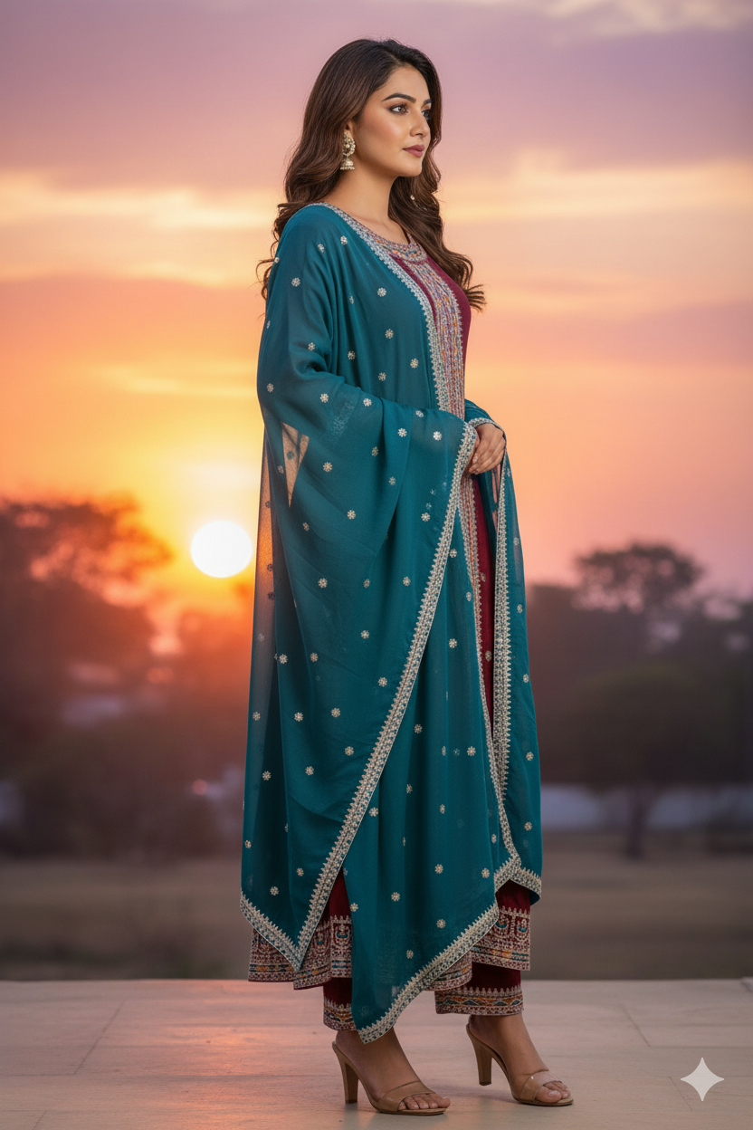 Woman in a teal traditional outfit with a sunset background