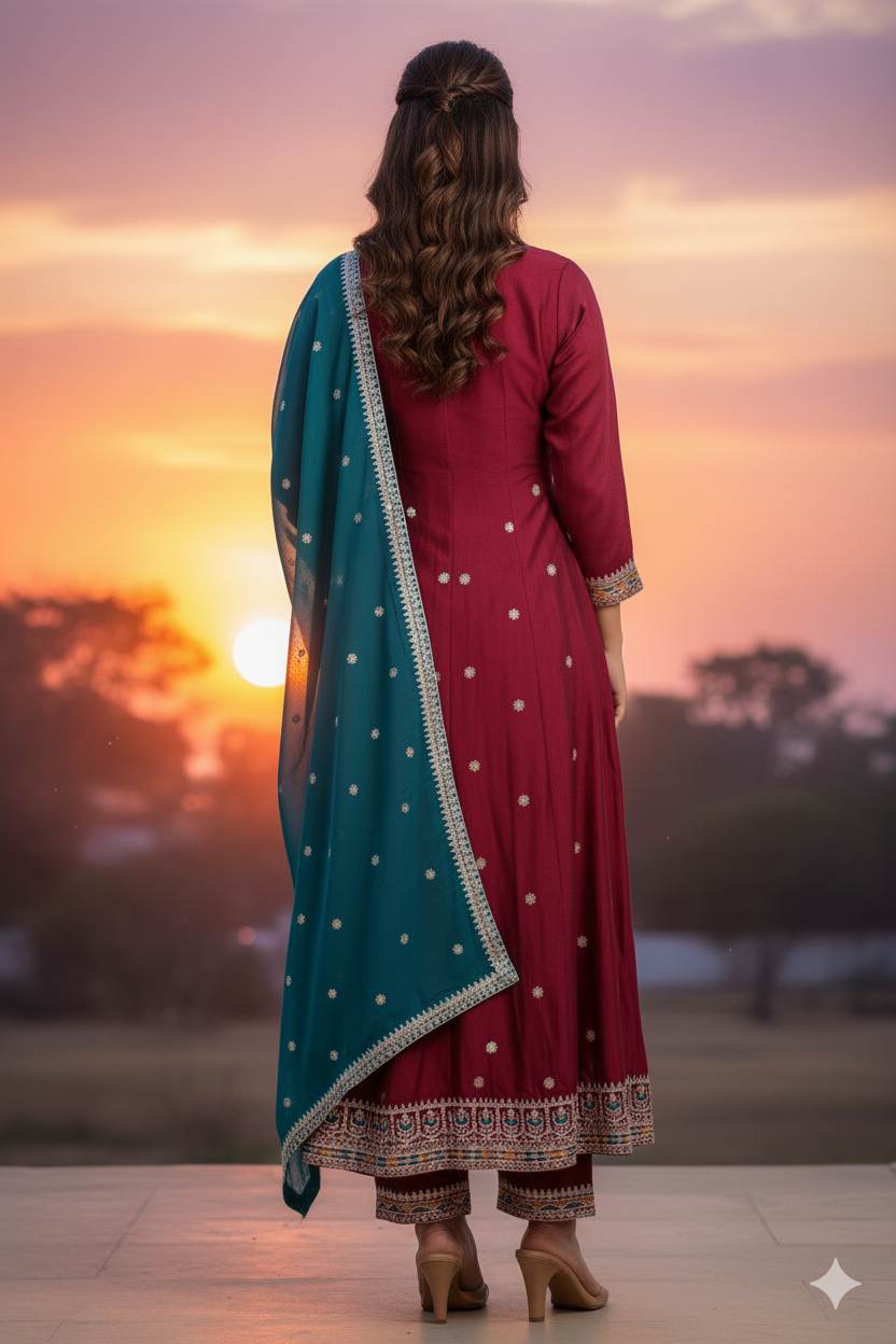 Woman in a red traditional outfit with a blue dupatta standing against a sunset sky.