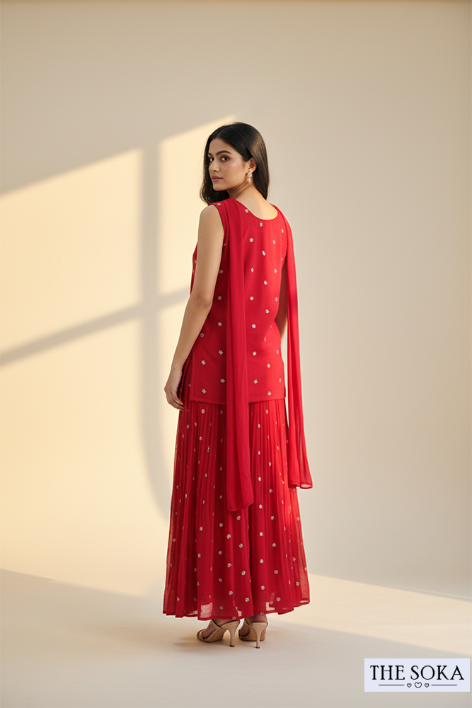 Ruby Red Chevron Embroidered Sharara Set