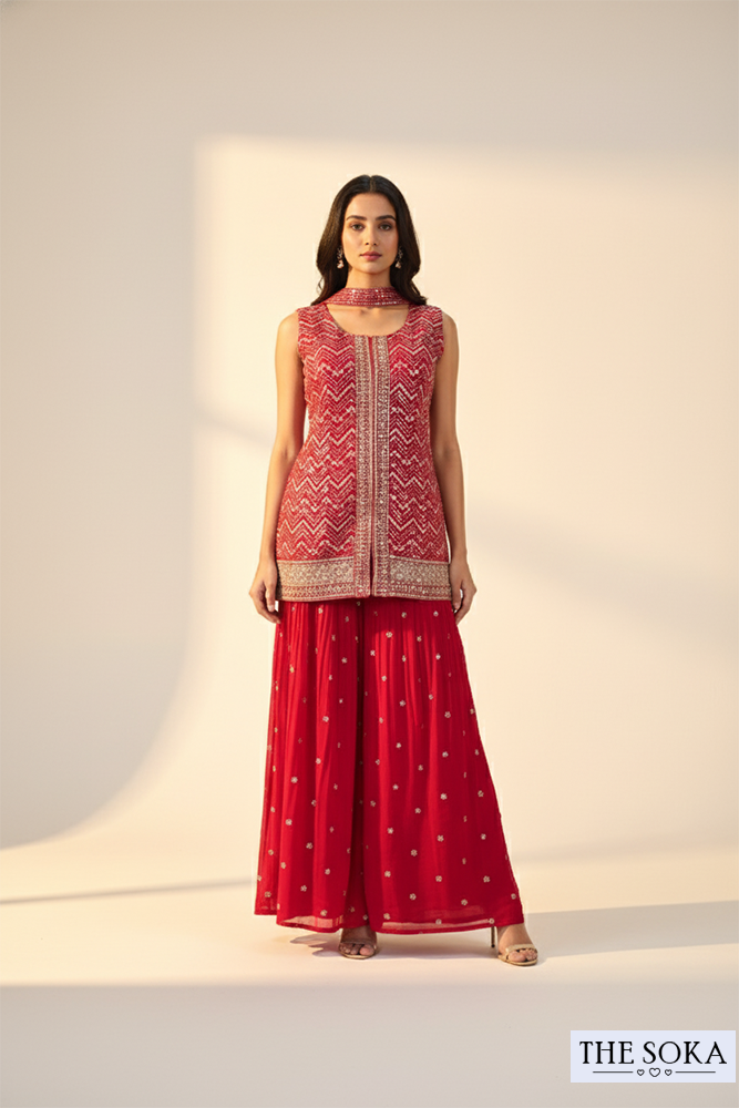 Ruby Red Chevron Embroidered Sharara Set