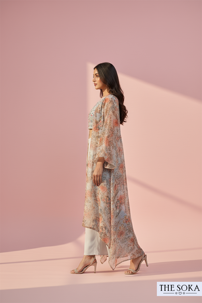 Pastel Grey Embroidered Crop Top with Palazzo and Floral Printed Shrug Set