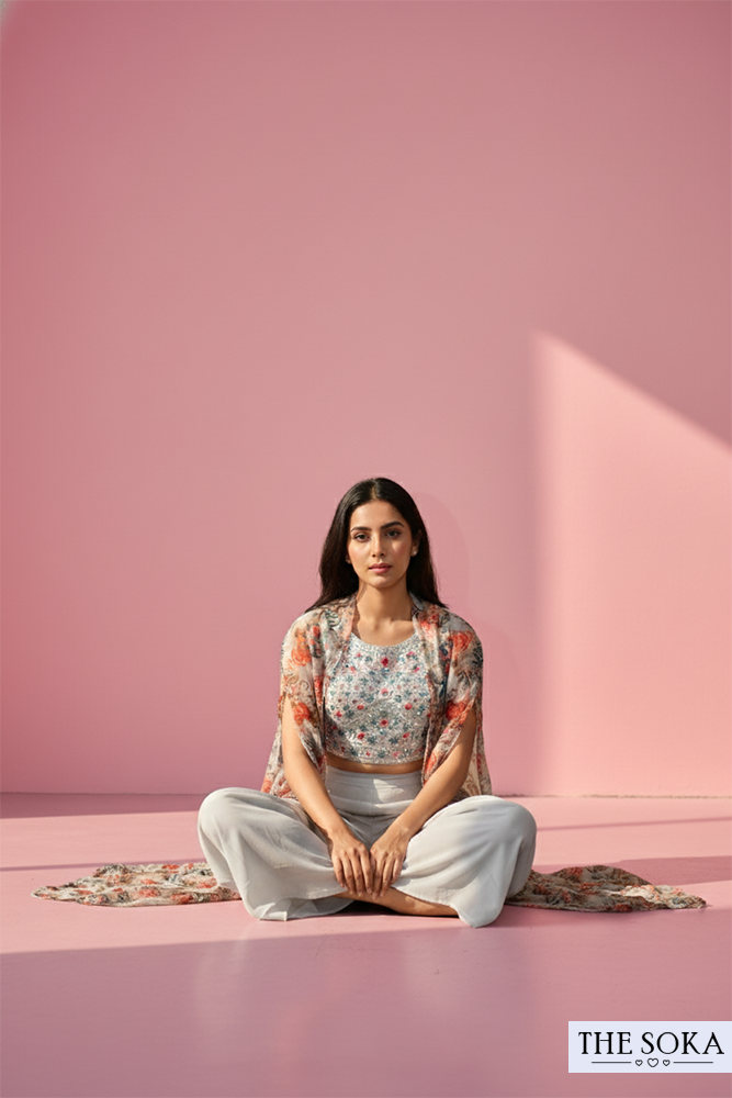 Pastel Grey Embroidered Crop Top with Palazzo and Floral Printed Shrug Set