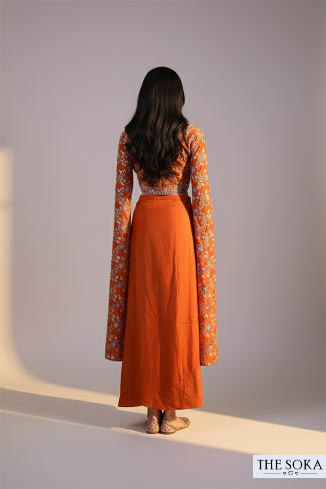 Rust Orange Embroidered Long-Sleeve Crop Top and Dhoti Skirt