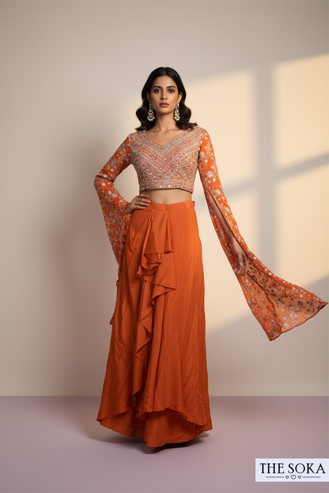 Rust Orange Embroidered Long-Sleeve Crop Top and Dhoti Skirt