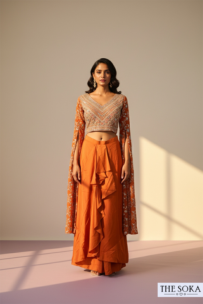 Rust Orange Embroidered Long-Sleeve Crop Top and Dhoti Skirt
