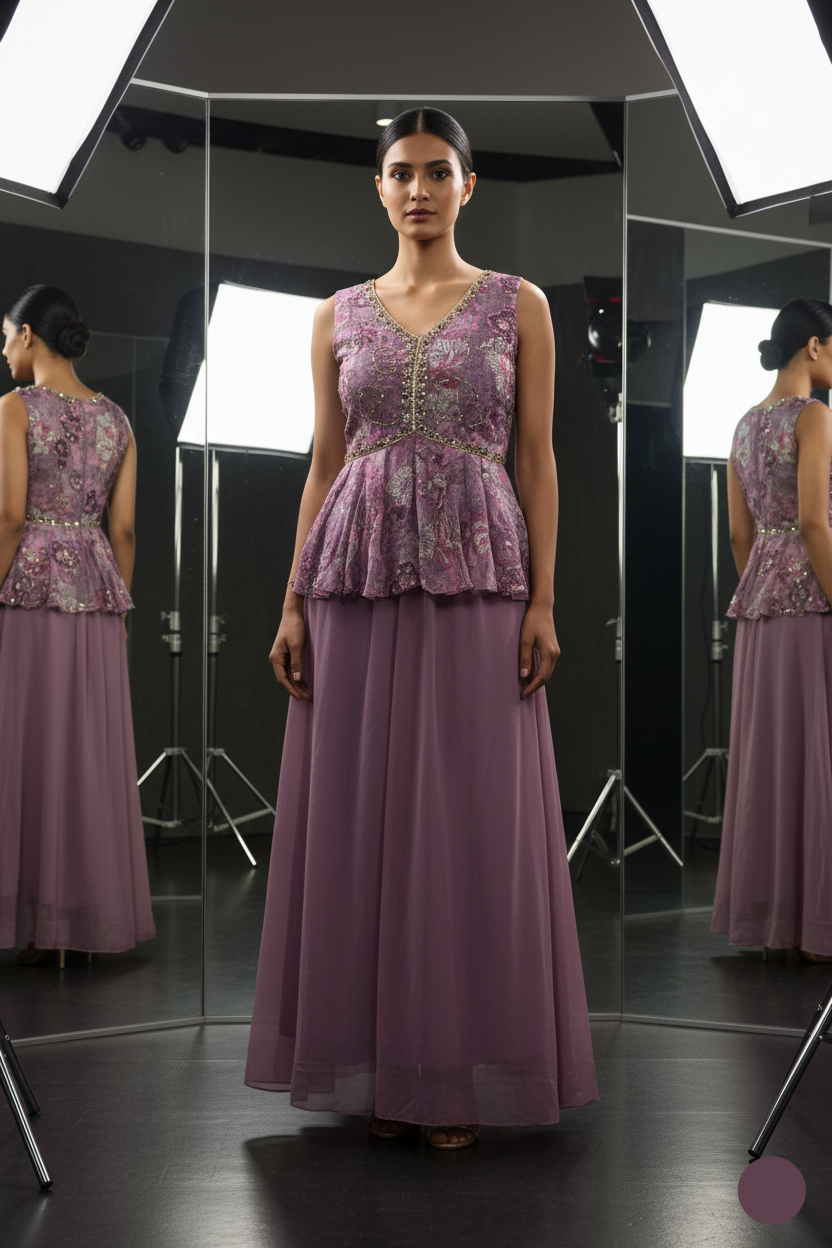 Woman wearing a purple dress with floral patterns in a studio setting.