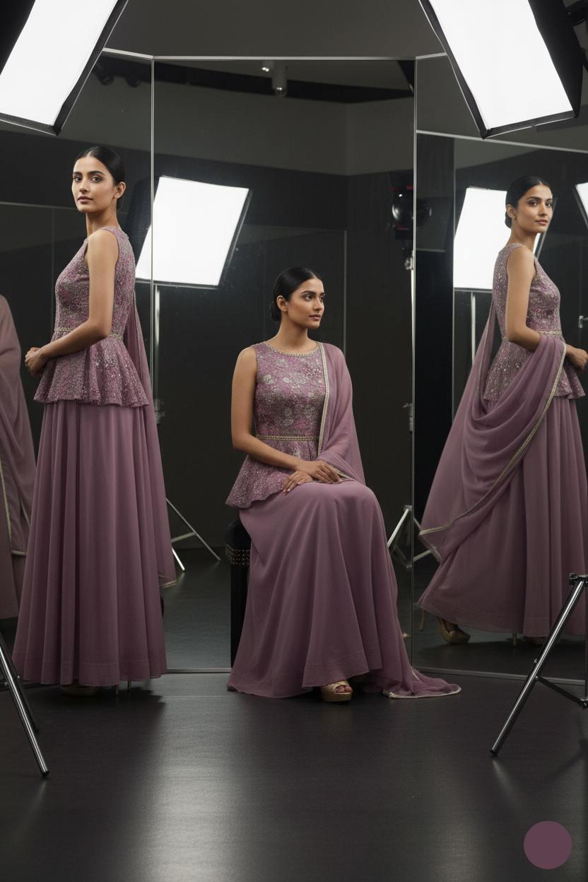 Woman in a purple gown sitting in front of studio lights