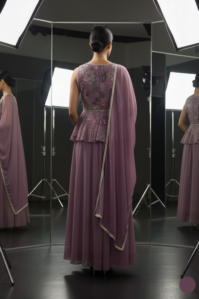 Person wearing a purple gown with floral details in a photo studio setting.