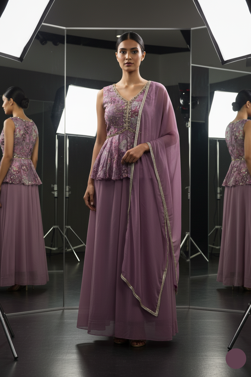 Woman in a purple dress standing in front of studio lights