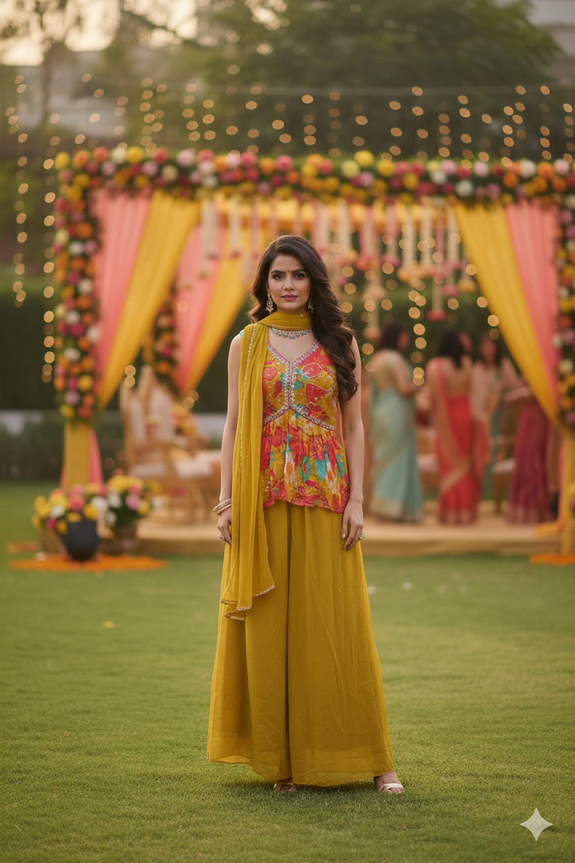 Woman in a floral top and yellow saree standing in front of a decorated outdoor setting with lights and flowers.