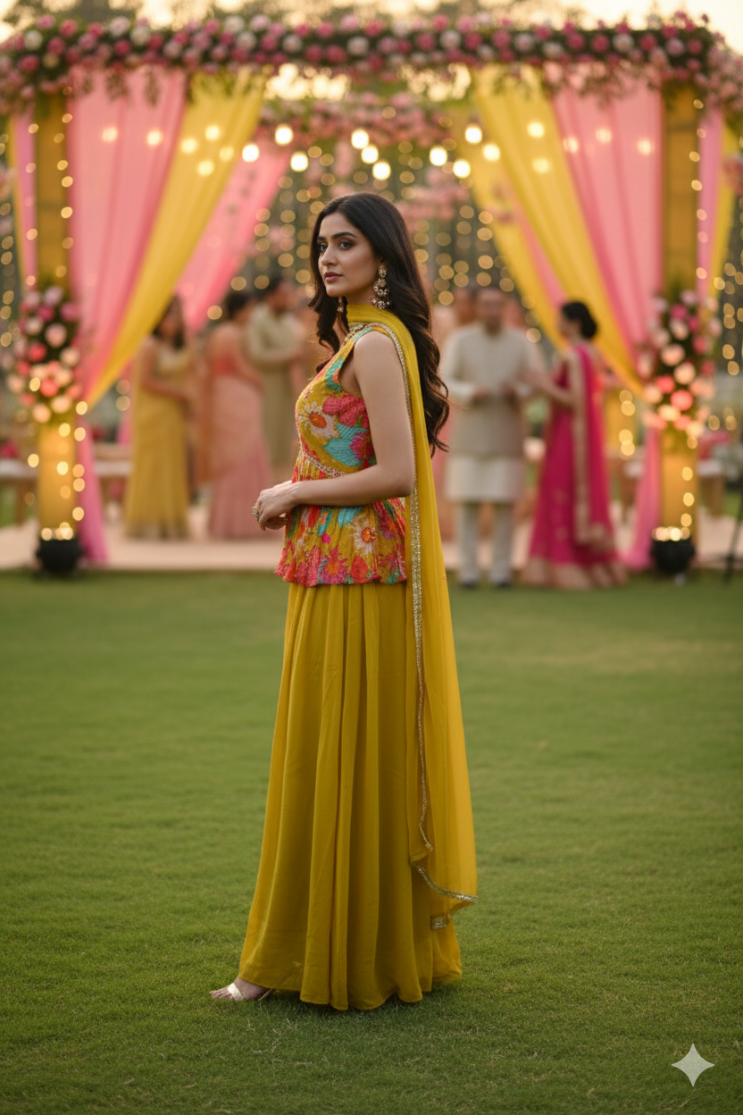 Woman in a yellow saree with a colorful blouse standing in front of a decorated outdoor setting.