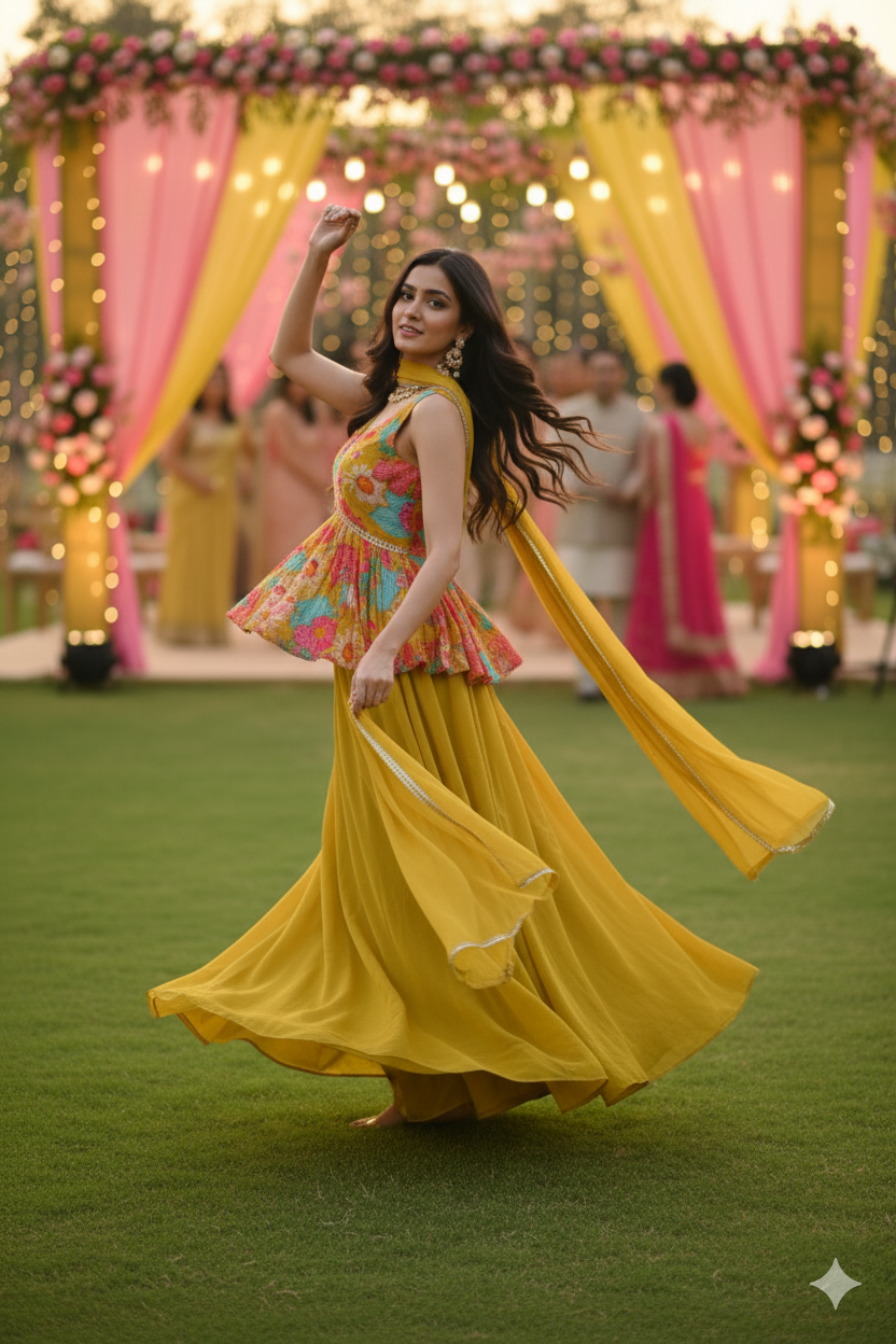 Woman in a colorful outfit dancing in front of a decorated outdoor setting with pink and yellow drapes.