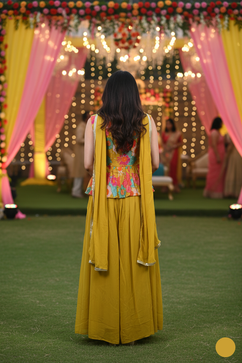 Woman in a yellow traditional outfit standing in front of a decorated event space with lights and pink drapes.