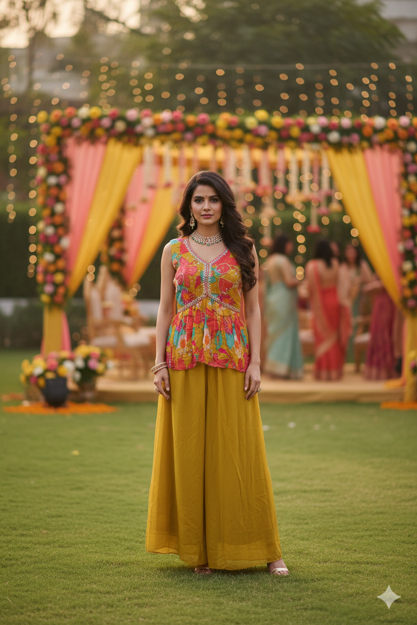 Woman in a colorful outfit standing in front of a decorated outdoor setting with flowers and lights.