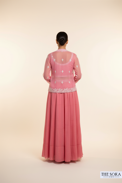 Pure Chinon Silk Crop Top with Skirt and Jacket Set