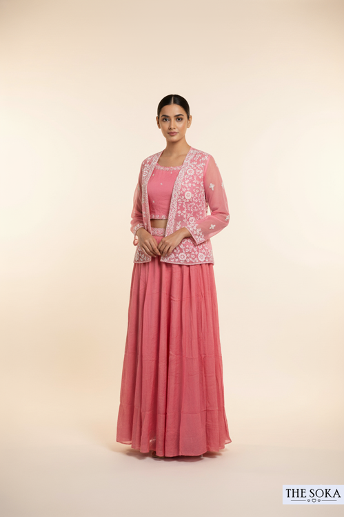 Pure Chinon Silk Crop Top with Skirt and Jacket Set