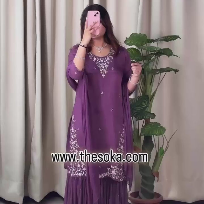 Woman wearing a purple pure chinon sharara set 