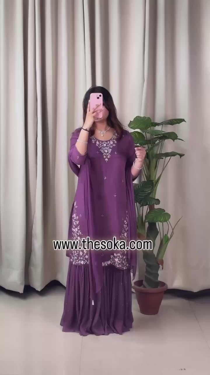Woman wearing a purple pure chinon sharara set 