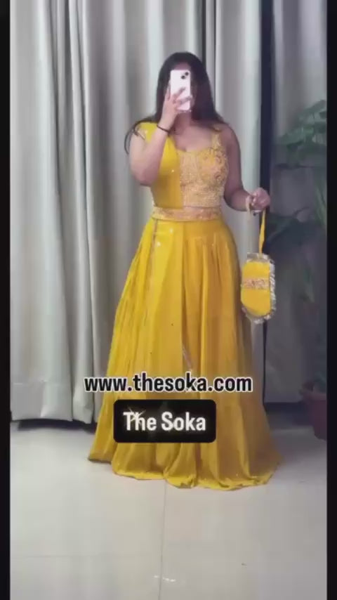Yellow Embroidered Lehenga Choli with Dupatta and Potli Bag