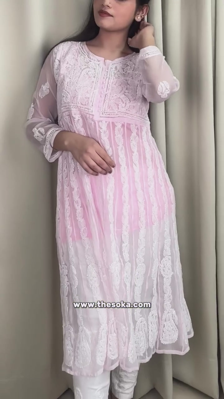 Woman wearing a pink and white embroidered Lucknowi Chikankari Georgette Ready-to-Wear Anarkali Top