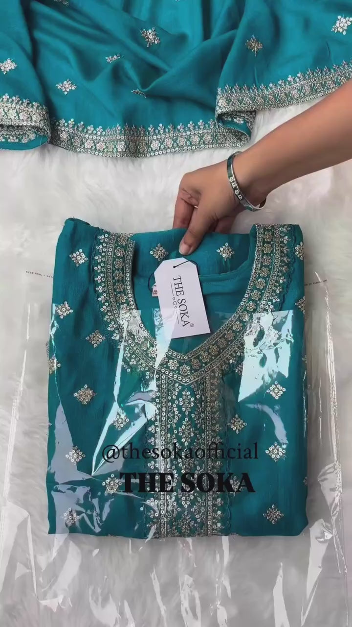 Peacock Green Embroidered Kurta Set with  Pants and Dupatta