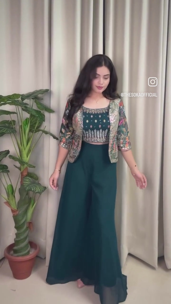 Teal Green Embroidered Crop Top with Palazzo Pants and Floral Jacket
