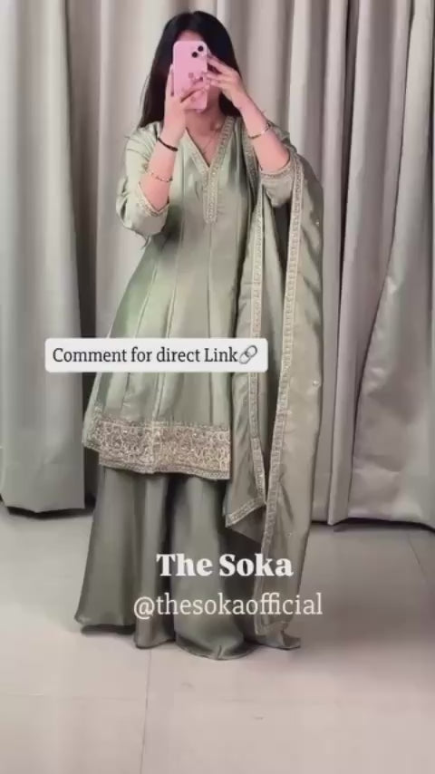 Premium Silk Sage Green Embroidered Kurta Set with Palazzo Pants