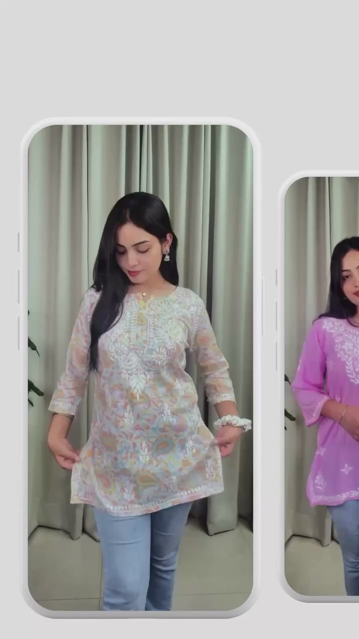 Mint Bloom Handcrafted Mulmul Chikankari Short Kurti