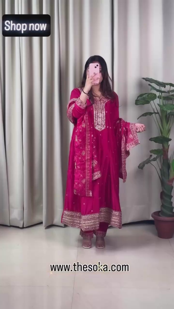 Crimson Red Embroidered A-Line Kurta Set with Dupatta