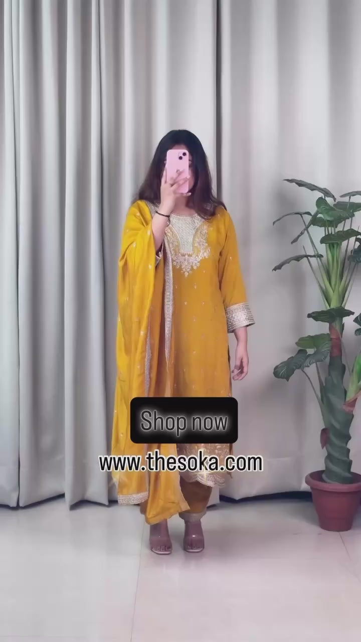 Premium Silk Yellow  Embroidered Kurta Set with Dupatta