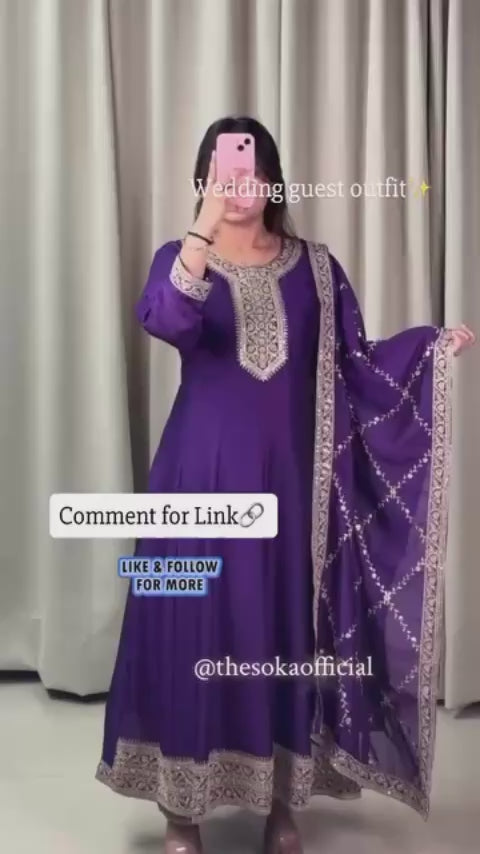 Premium Silk Dark Purple Embroidered Anarkali Suit Set with Pants and Dupatta