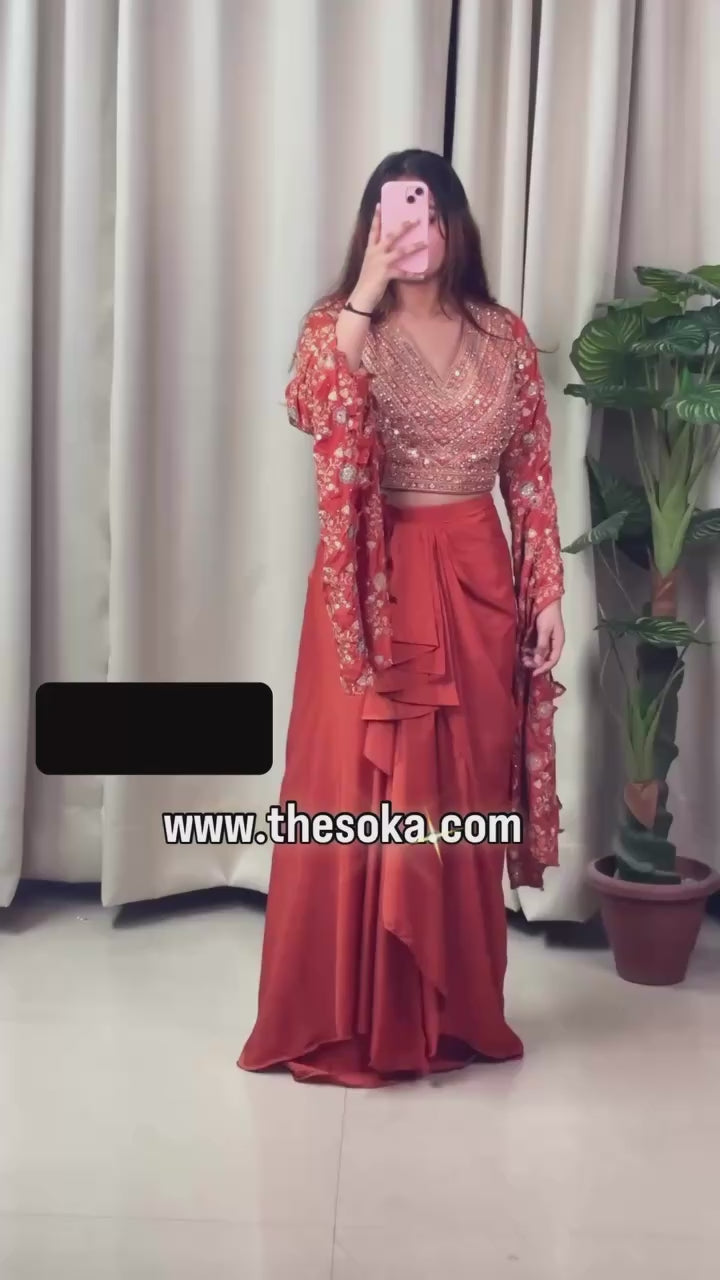 Rust Orange Embroidered Long-Sleeve Crop Top and Dhoti Skirt
