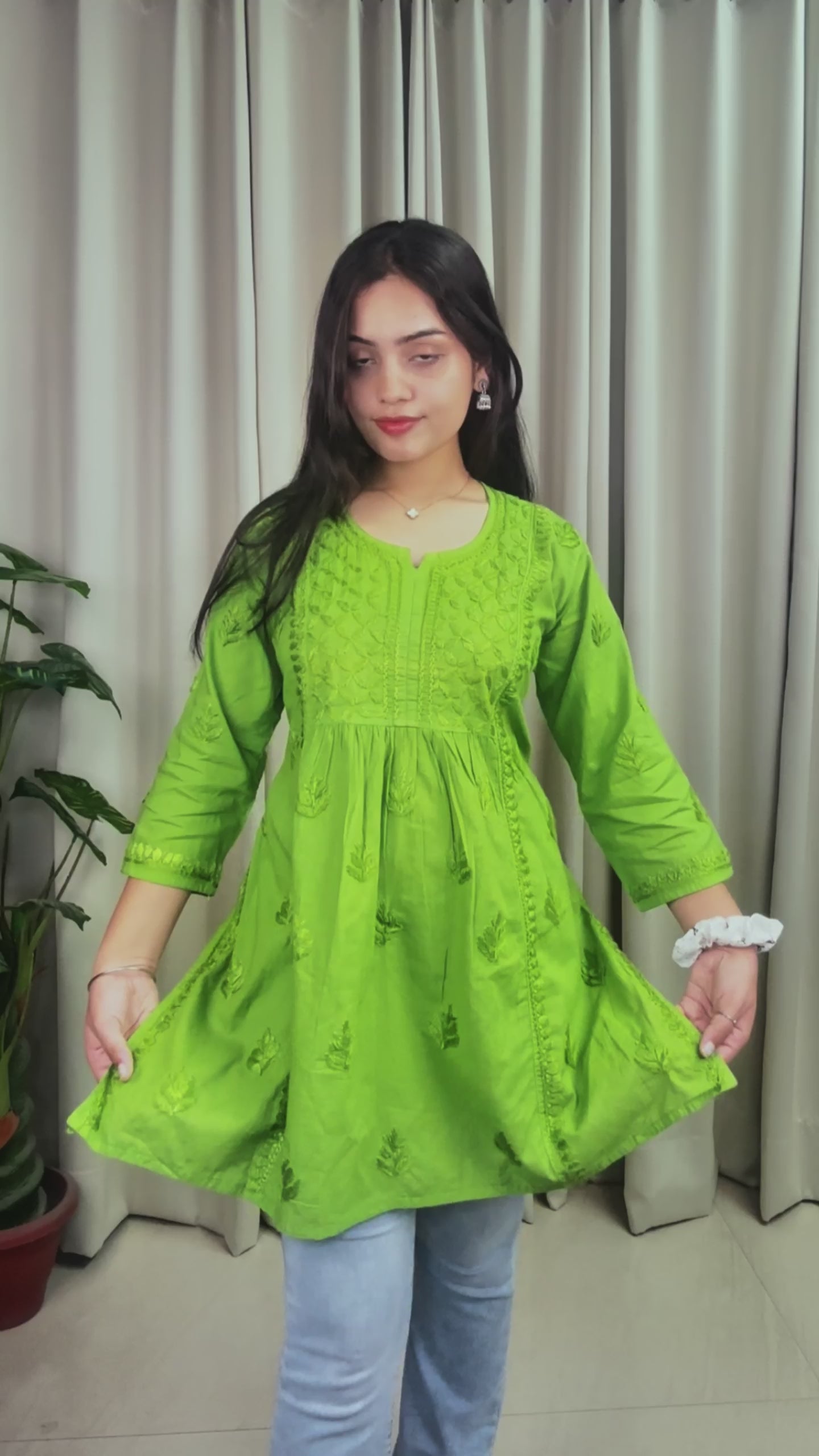 Parrot Green Cotton Chikankari Short Kurti