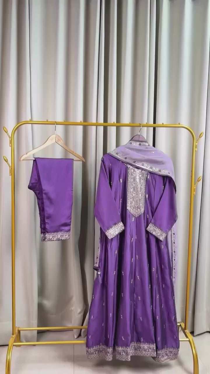 Premium Silk Light Purple Tone Embroidered Peplum Kurta Set with  Pants and Dupatta