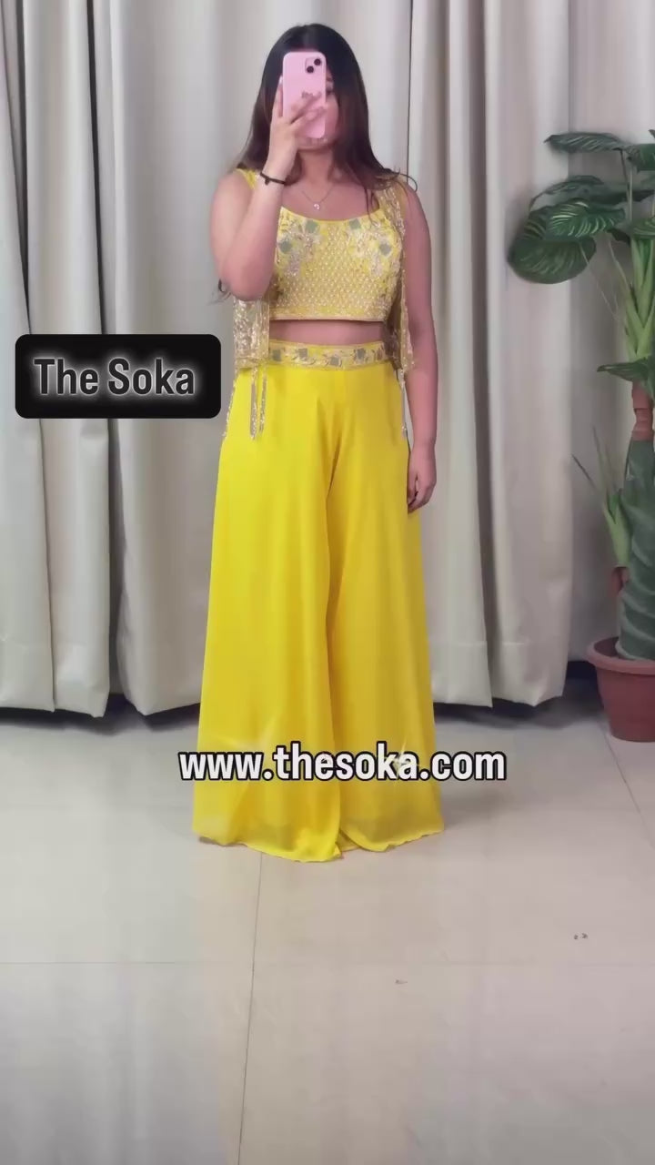 Yellow Embroidered Crop Top with Palazzo and Short Jacket Set