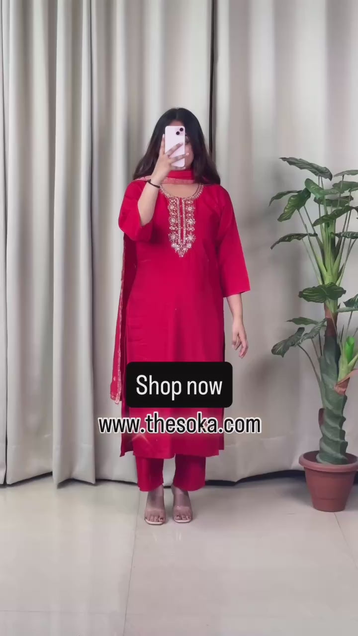 Embroidered Red Kurta Set with Pants and Dupatta