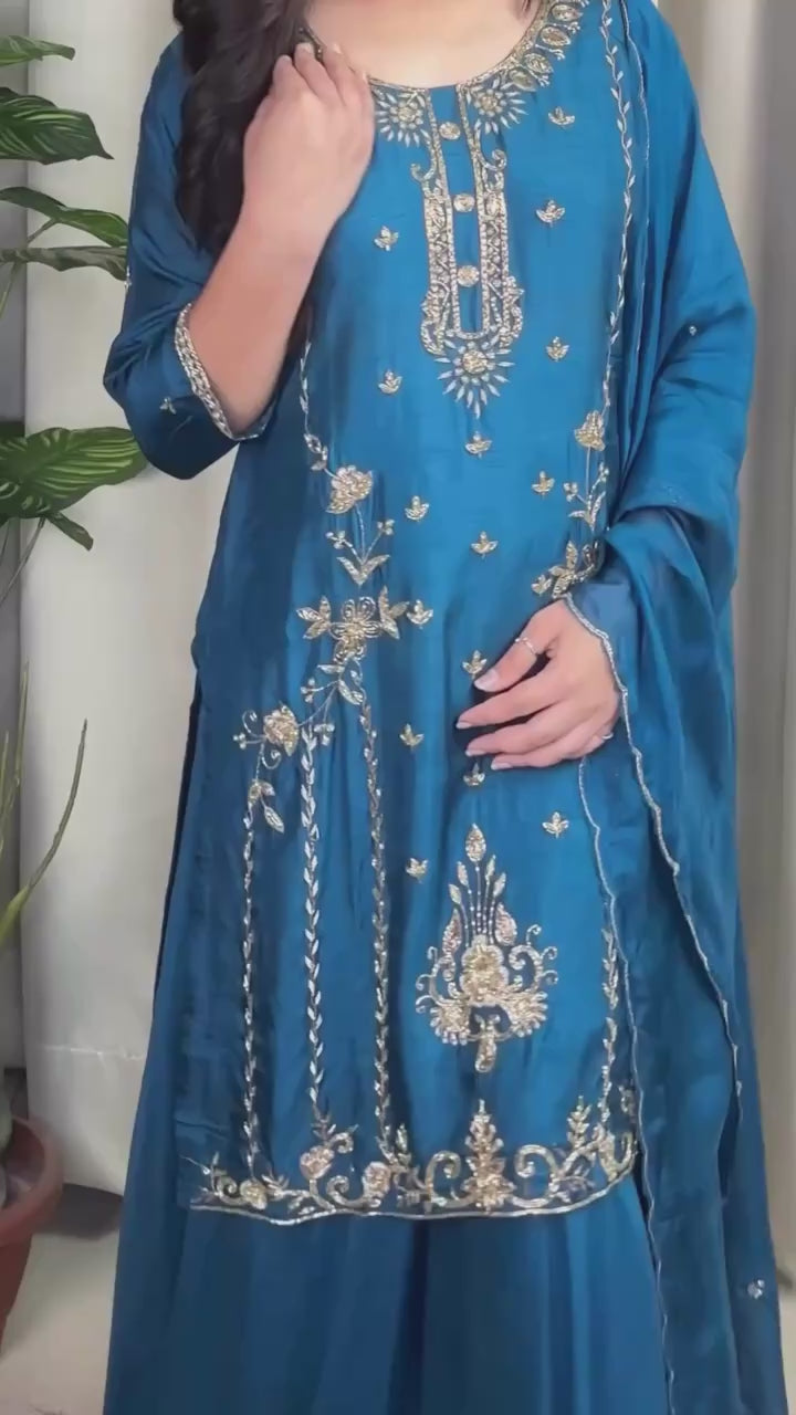 Pure Chinon Blue Embroidered Peplum Kurta Set with  Sharara Pants and Dupatta
