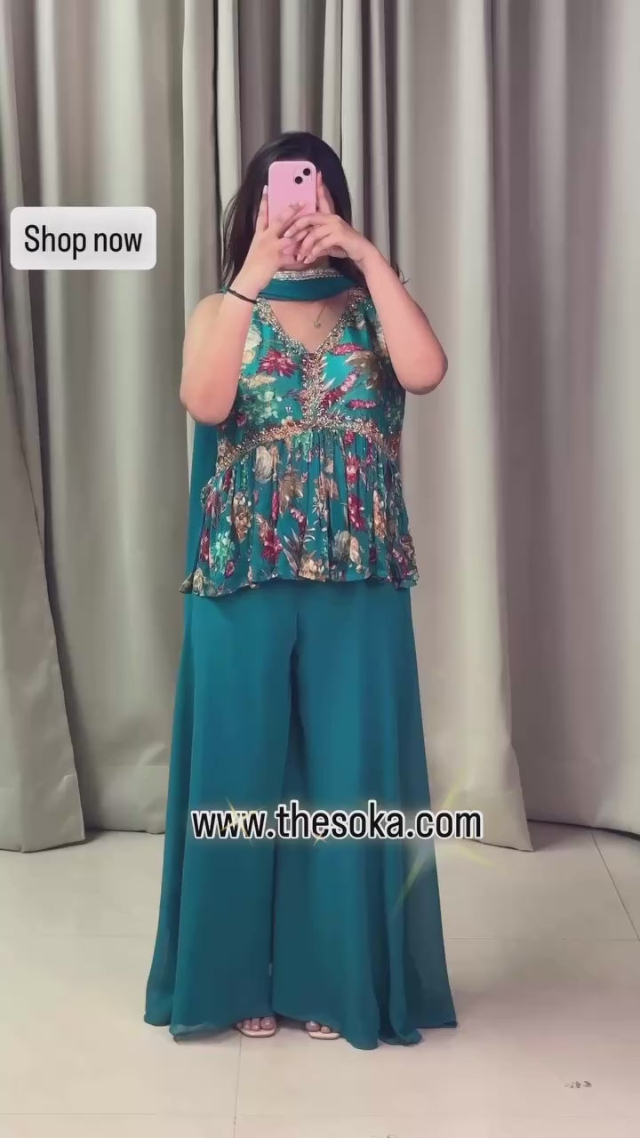 Teal Blue Floral Printed Peplum Top with Sharara & Dupatta Set