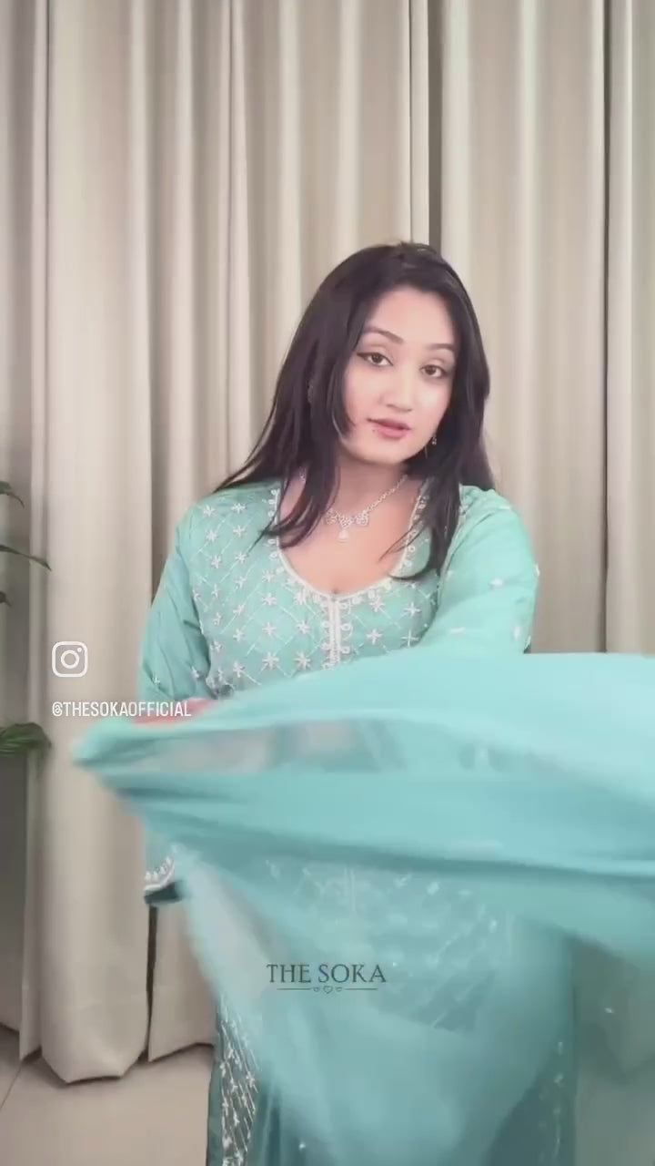 Pure Chinon  Embroidered Kurta with Palazzo Set Teal Color