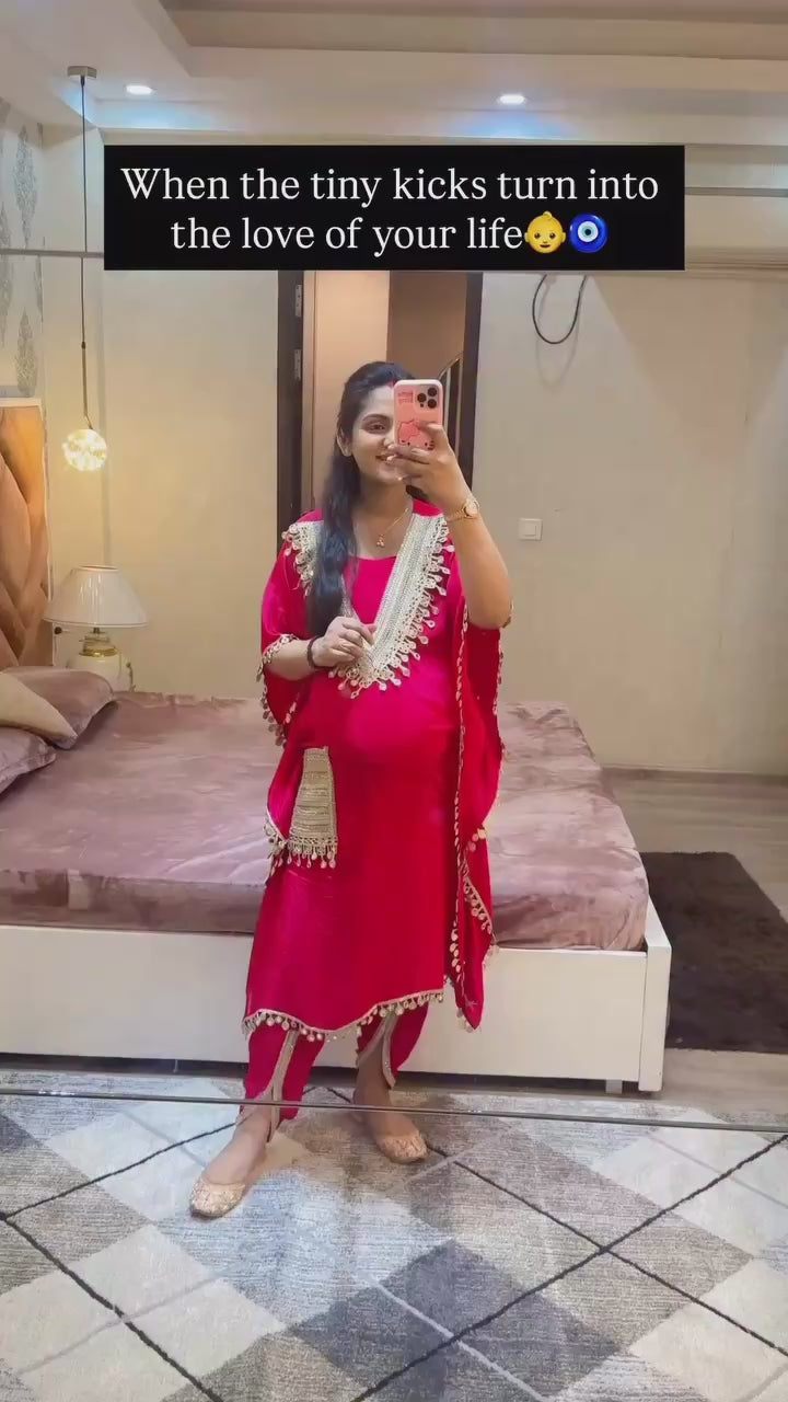Natural Crepe Red Kaftan Style Kurta Set with Dhoti Pants