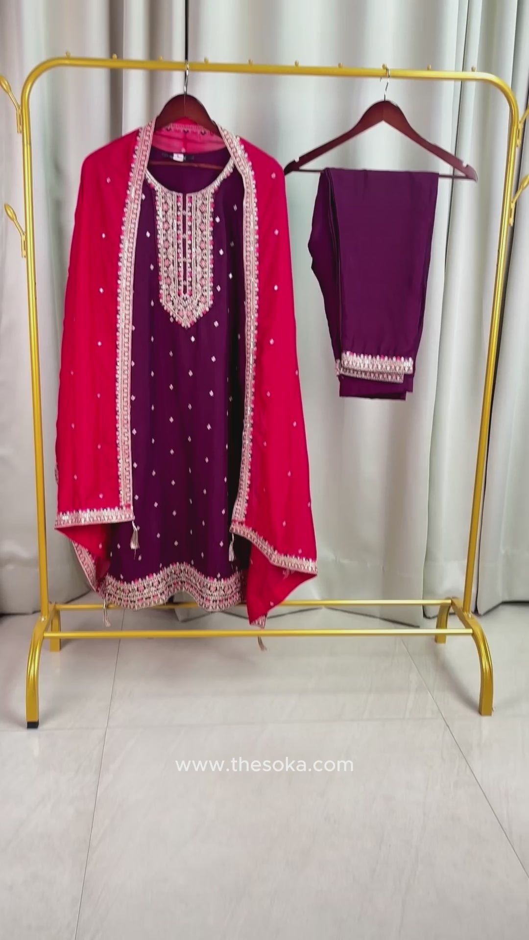 Plum Purple Embroidered Kurta Set with  Pants and Dupatta